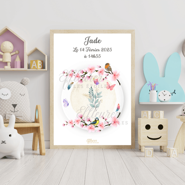 Affiche Bébé - Oiseaux sur cerisier en fleurs
